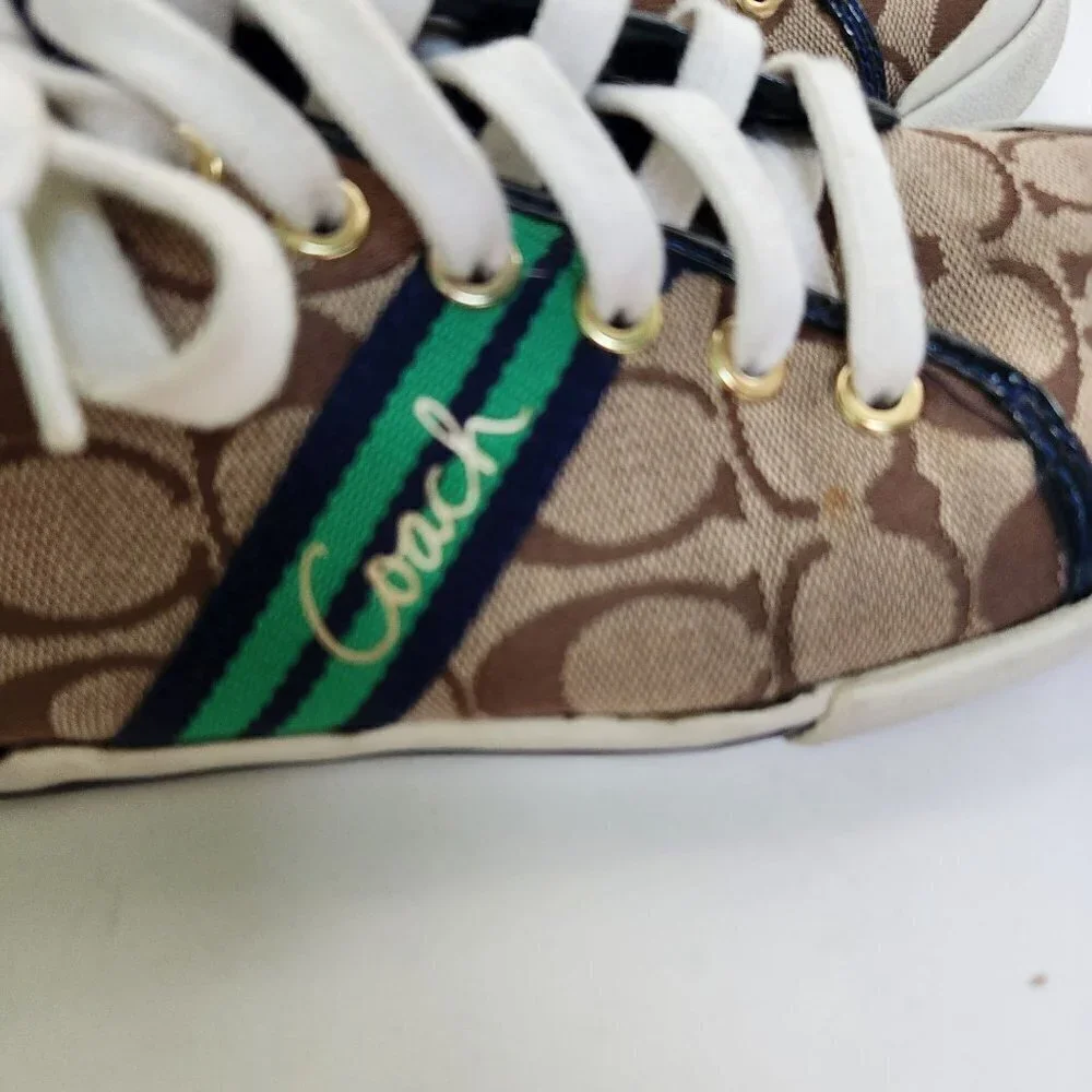Coach Folly Signature Fashion Sneakers Tan Navy Green Size 6.5B